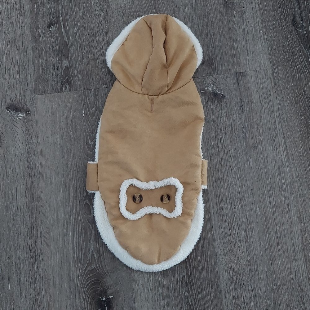 Dog Tan Faux Suede Hooded Jacket with Sherpa Lining and Trim Medium